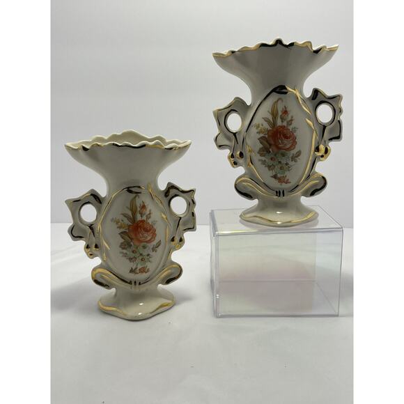 Crown Stafford china Hand Painted 5.5" Vase Figurine Set‎ Gold Trim Floral - Picture 1 of 16